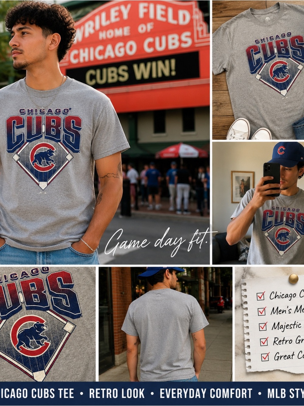 Chicago Cubs T Shirt Men’s Medium Gray Majestic MLB Baseball Retro Graphic Tee